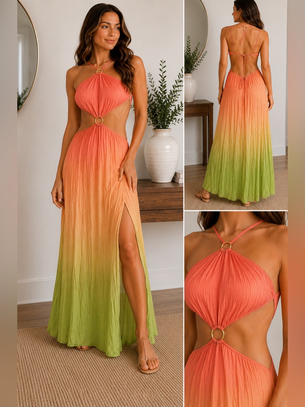 BAOBAB Ombre Cutout Ring Maxi Dress Coral Green Size Small